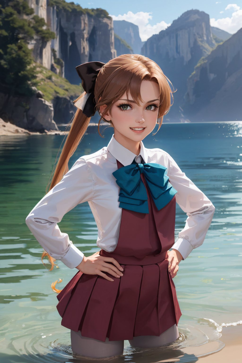 00135-2880574665-(masterpiece, best quality_1.2),  , cowboy shot, solo, 1girl, akigumo, grin, looking at viewer, hands on hips, wading, ponytail,.jpg